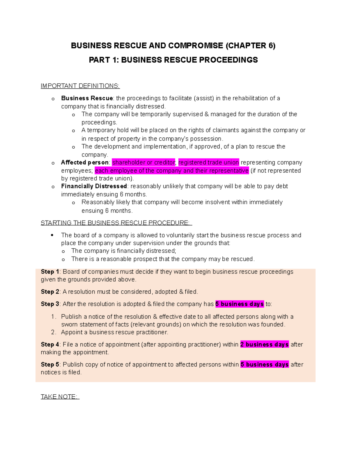 Business Rescue (CH 6) - Comprehensive Notes on Procedures - Studocu