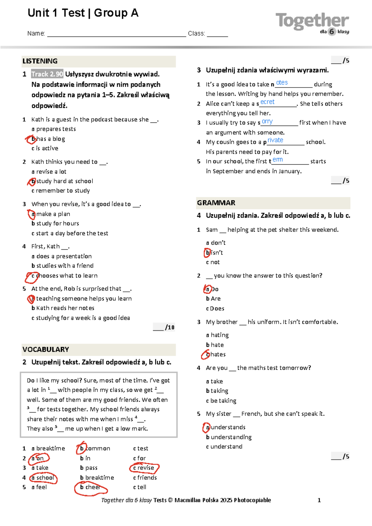 Together kl6 U1 Unit Test: Listening & Reading Exercises - Studocu