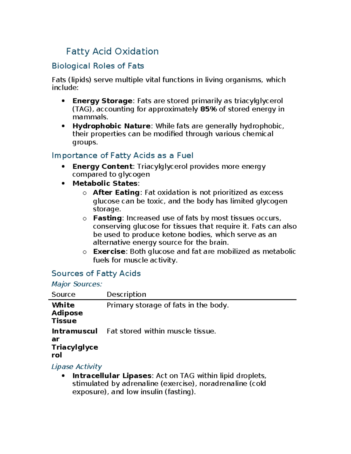 Fatty acid oxidation and biological roles of fats in metabolism ...