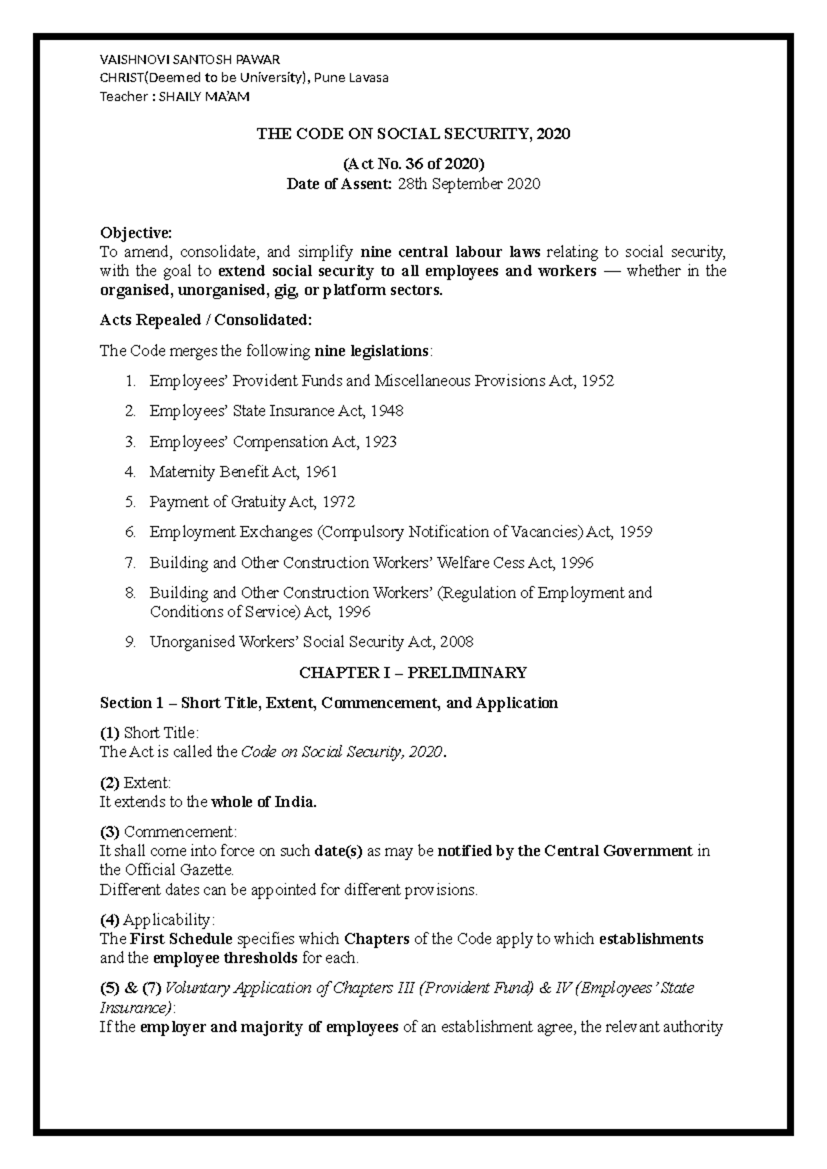 Labour Law Overview: The Code on Social Security, 2020 (MSE) - Studocu