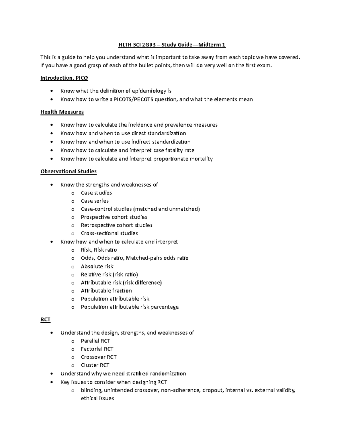 HLTH SCI 2G03 - Midterm 1 Study Guide for Key Epidemiology Concepts ...