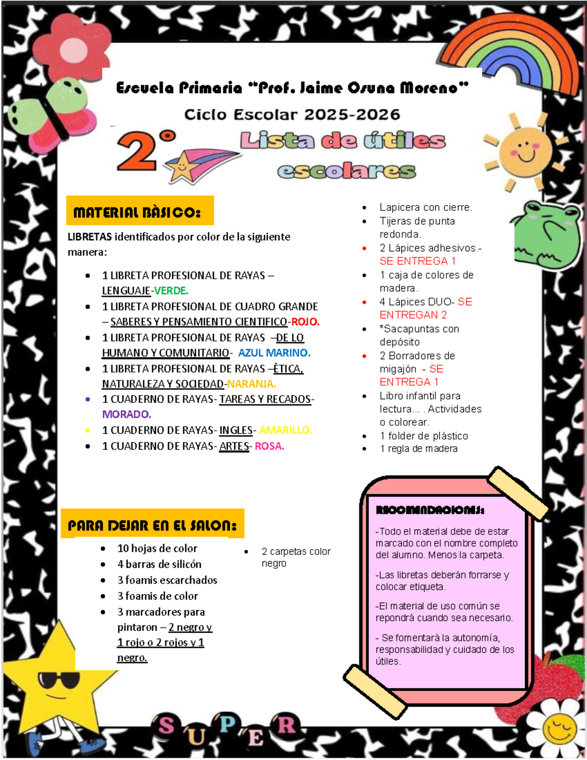 Lista de Materiales para Segundo Grado - Escuela Primaria Jaime Osuna ...