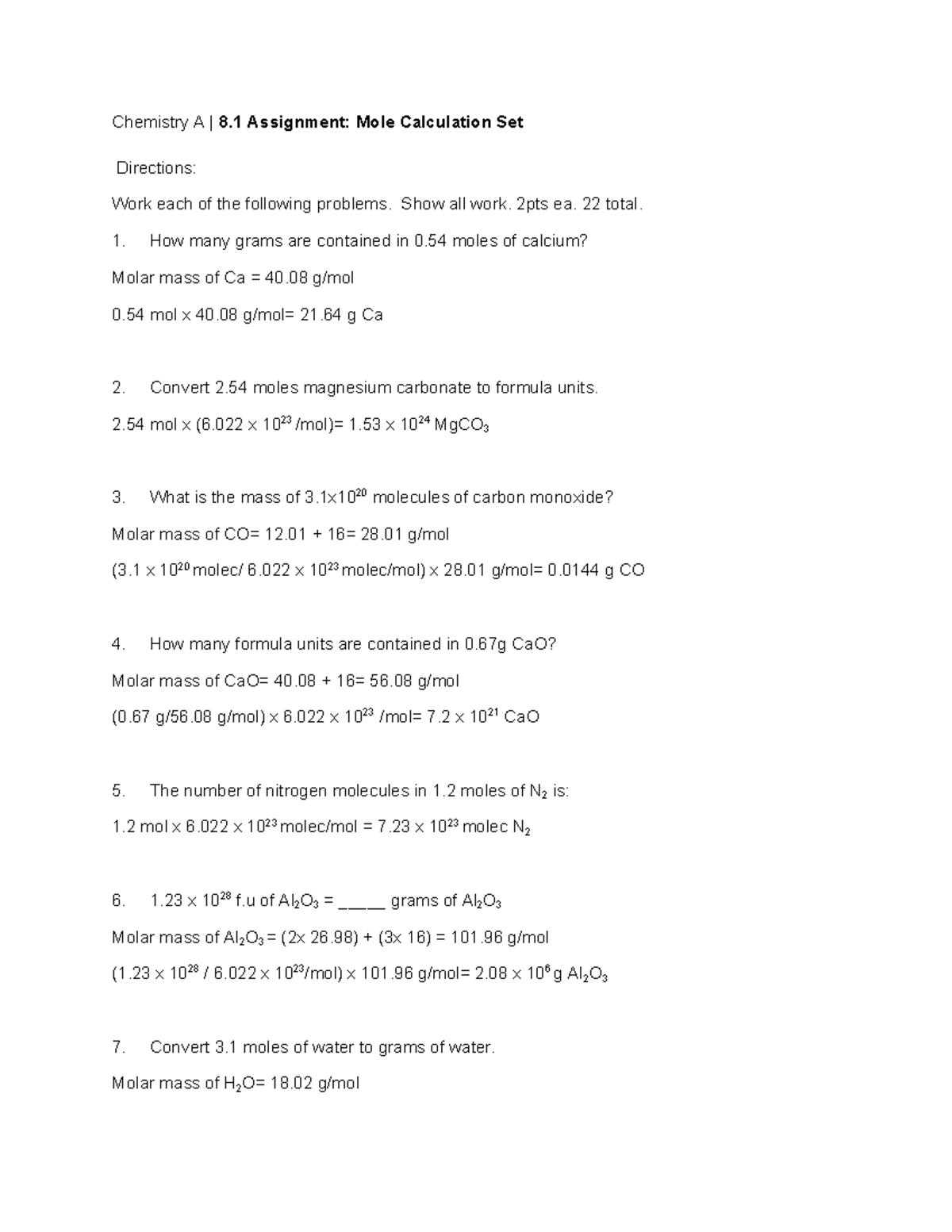 Chemistry A 8.1 Assignment: Mole Calculation Problems - Studocu