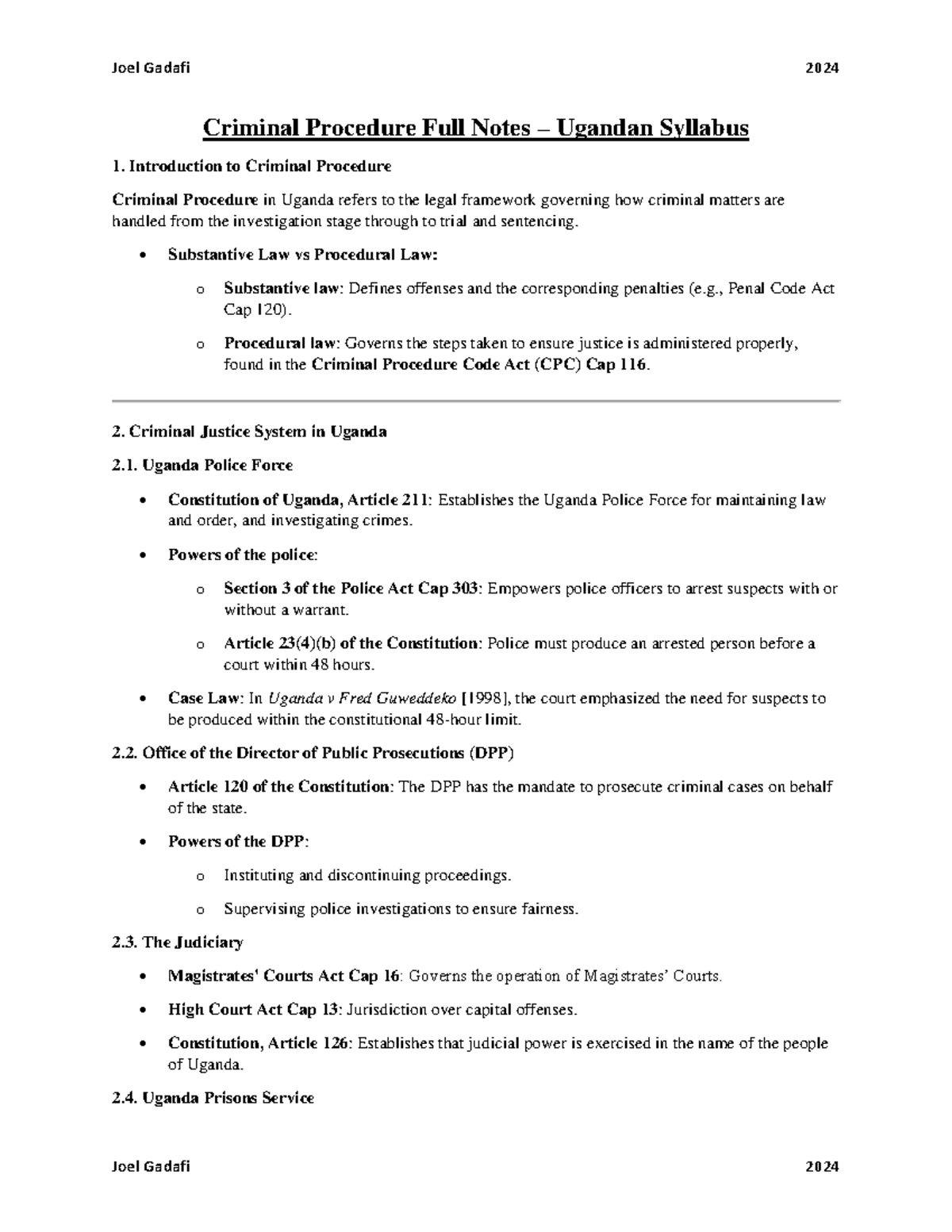 Criminal Procedure Full Notes (UGA 2024) - Joel Gadafi - Studocu
