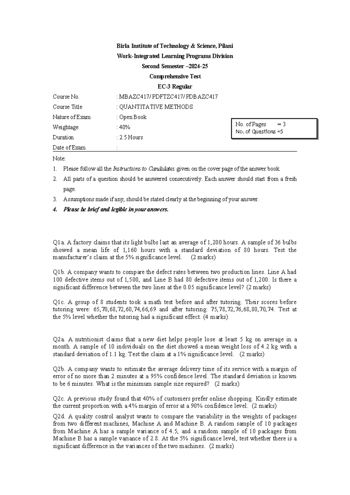 2024-2025 SEM 2 MBA ZC417 PDBA Quantitative Methods Comprehensive Test ...