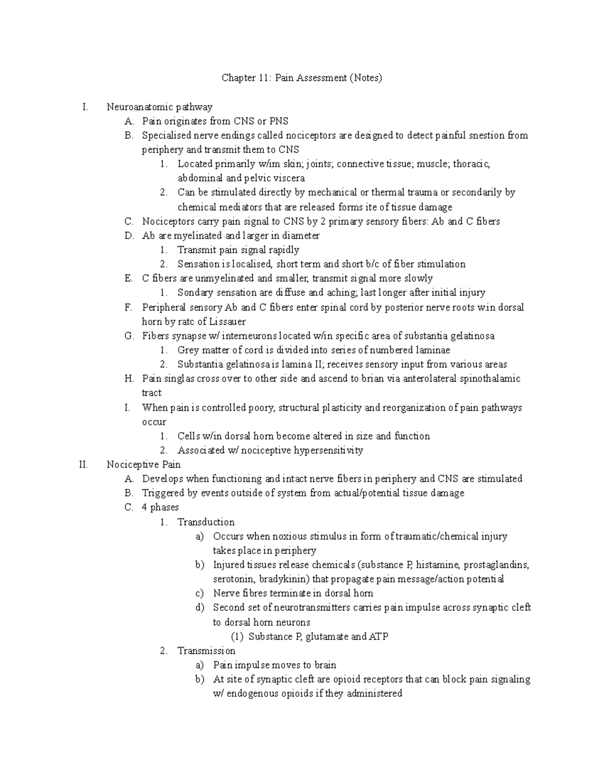 Chapter 11 Pain Assessment (Notes) - Chapter 11: Pain Assessment (Notes ...