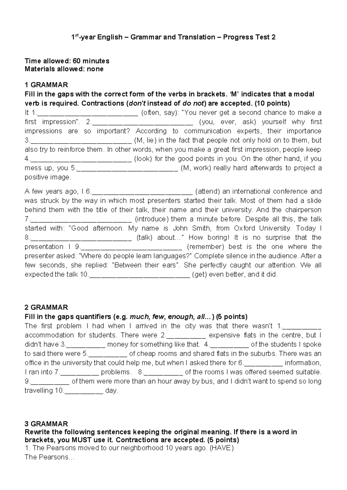 English Grammar & Translation Progress Test 2 - 60 Min - Studocu