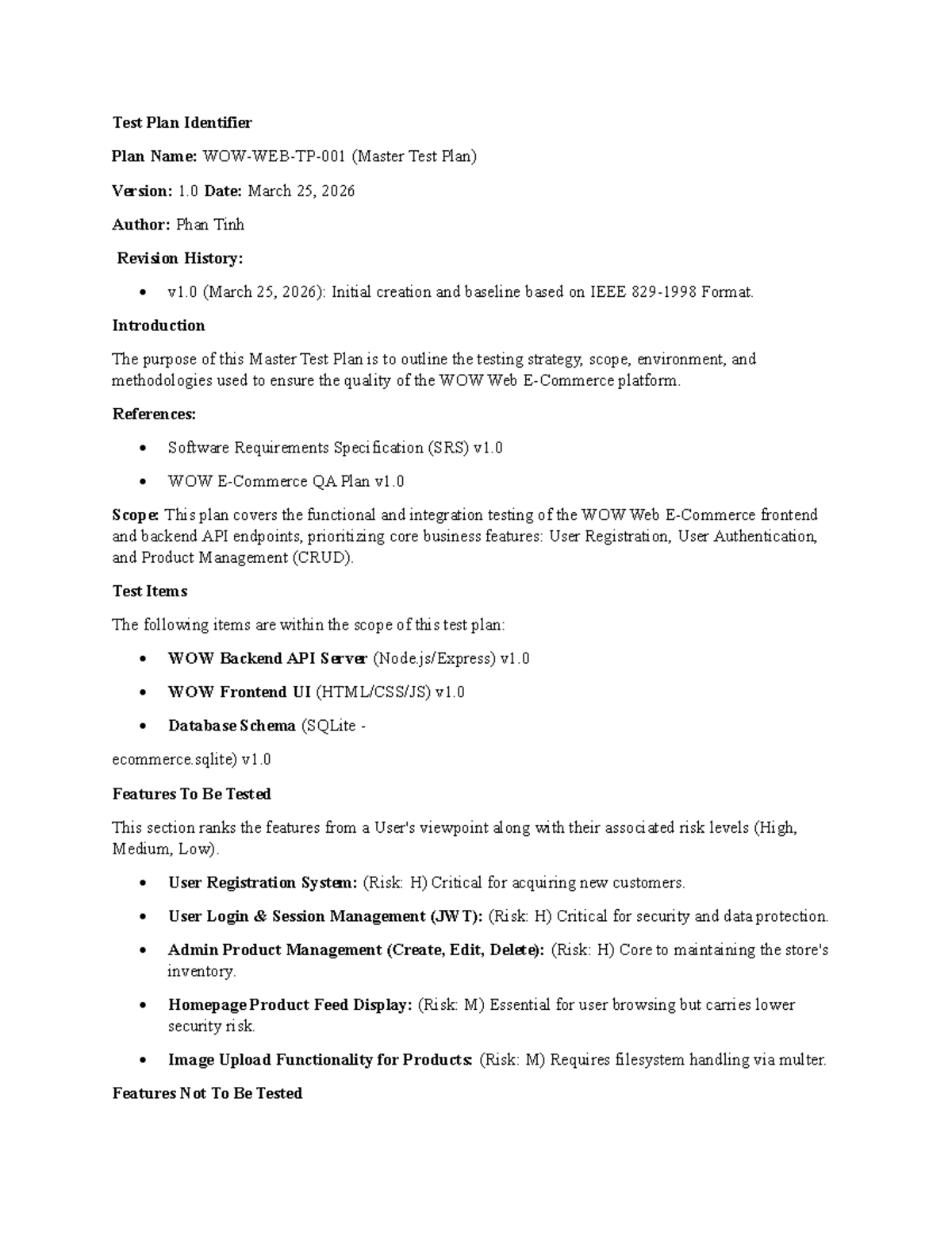 Tut7SQA - Master Test Plan for WOW Web Platform Testing - Studocu