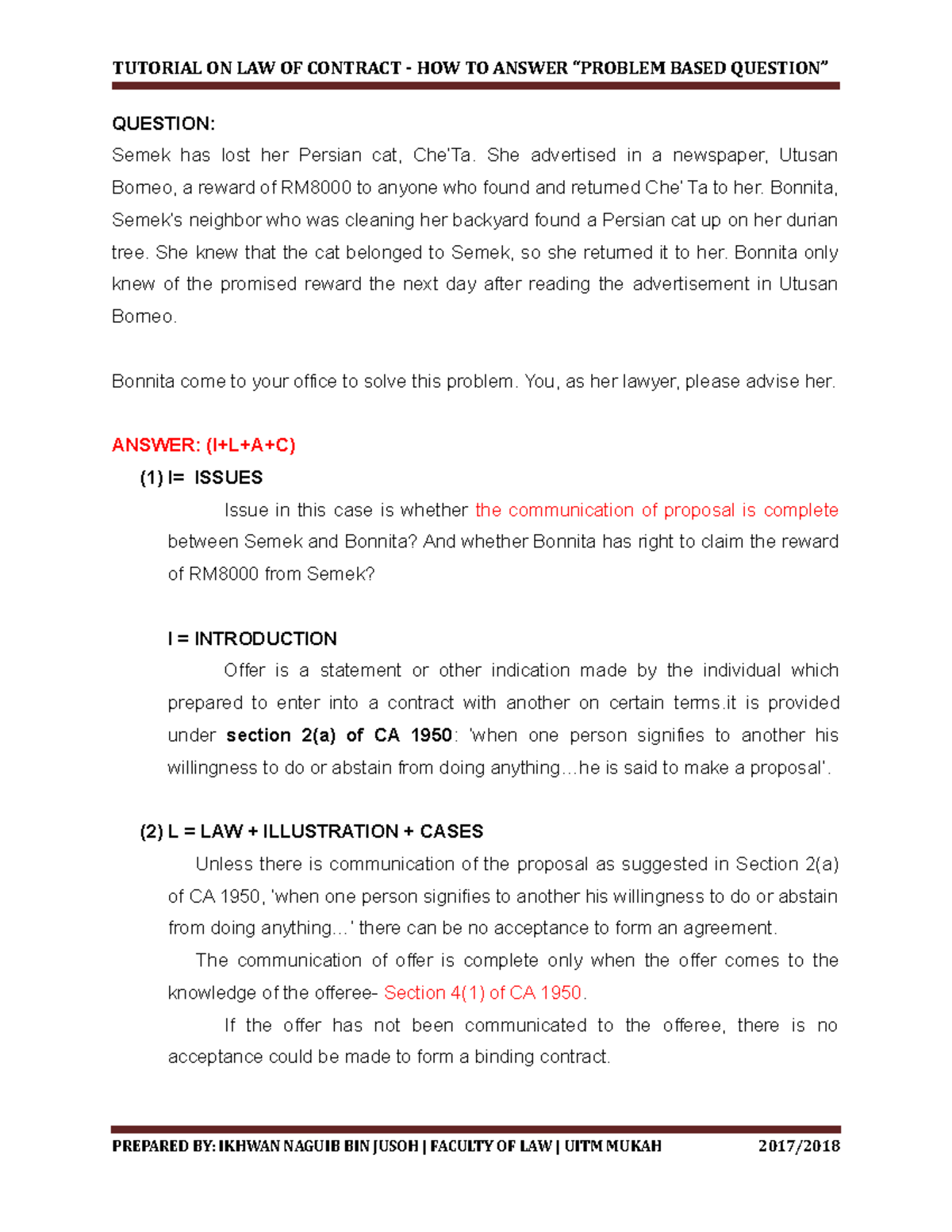 HOW TO Answer Problem Based Question - TUTORIAL ON LAW OF CONTRACT ...
