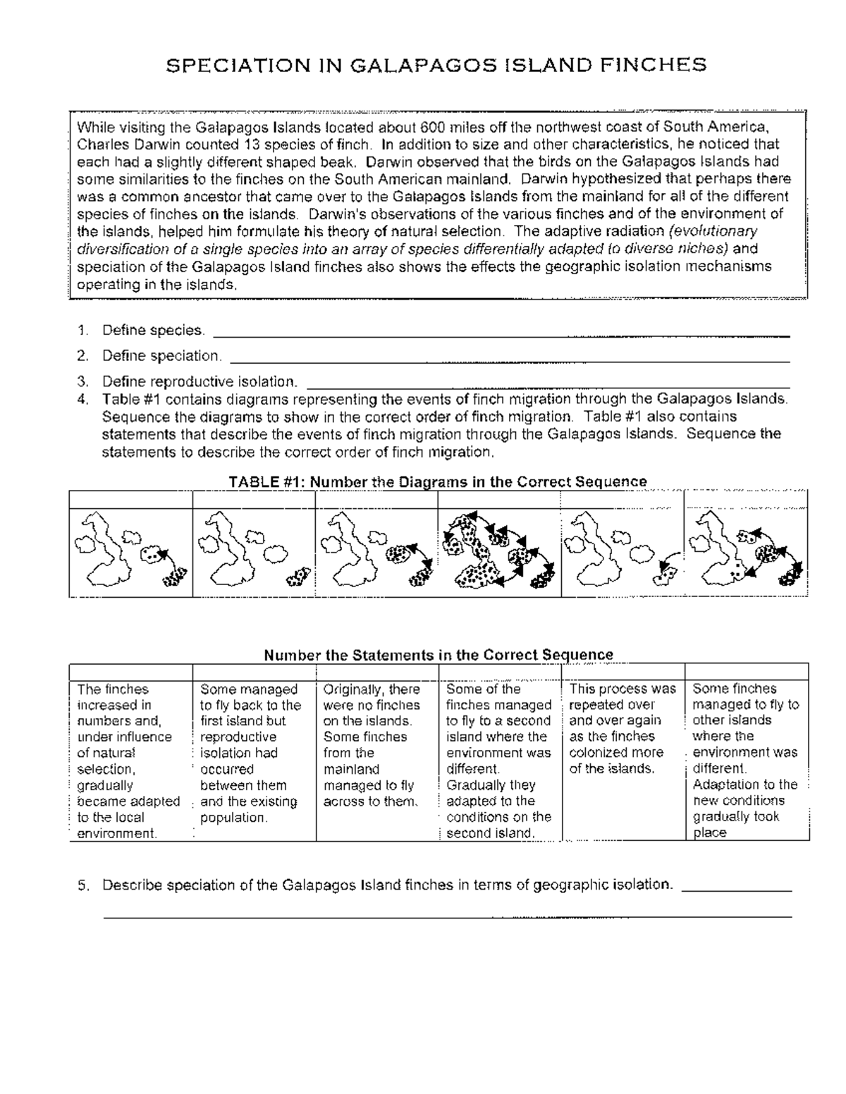 Galapagos Finch Speciation Worksheet: A Study of Evolution and ...