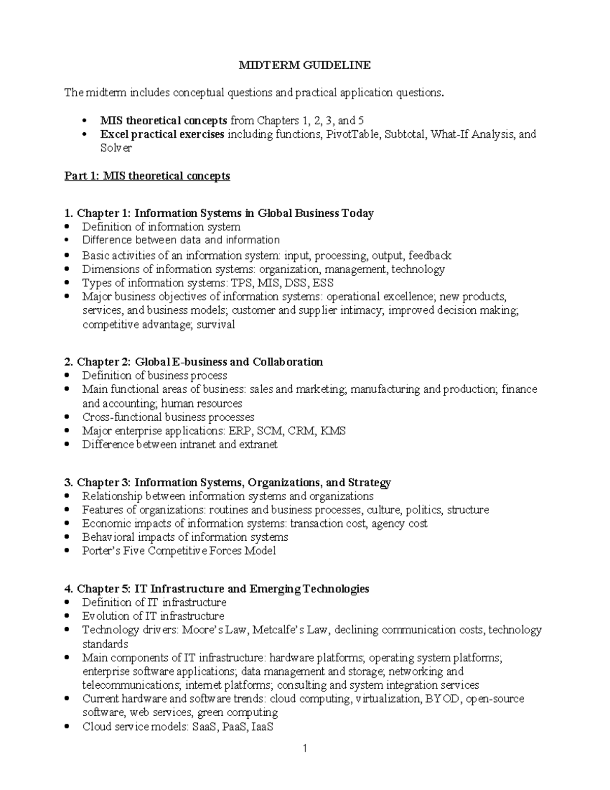 MIS 101 Midterm Guidelines: Key Concepts & Excel Applications - Studocu