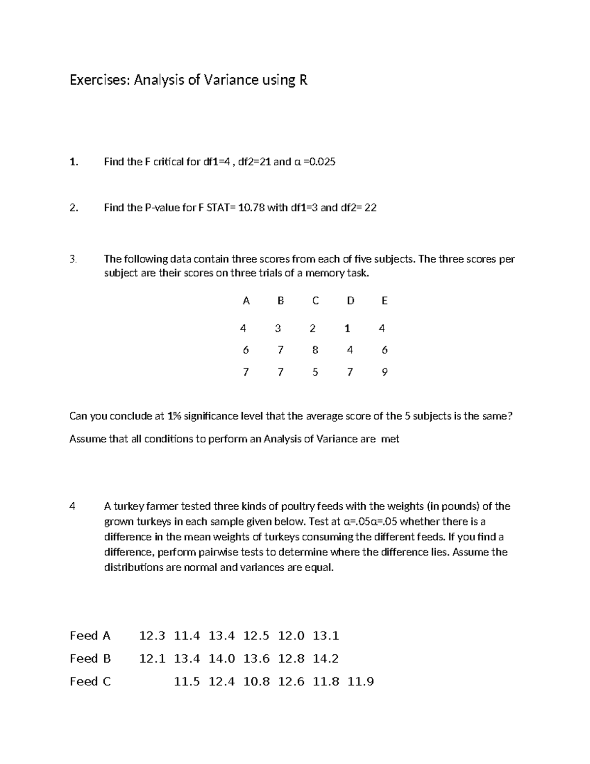 Exercises: ANOVA with R for Statistical Analysis - Studocu
