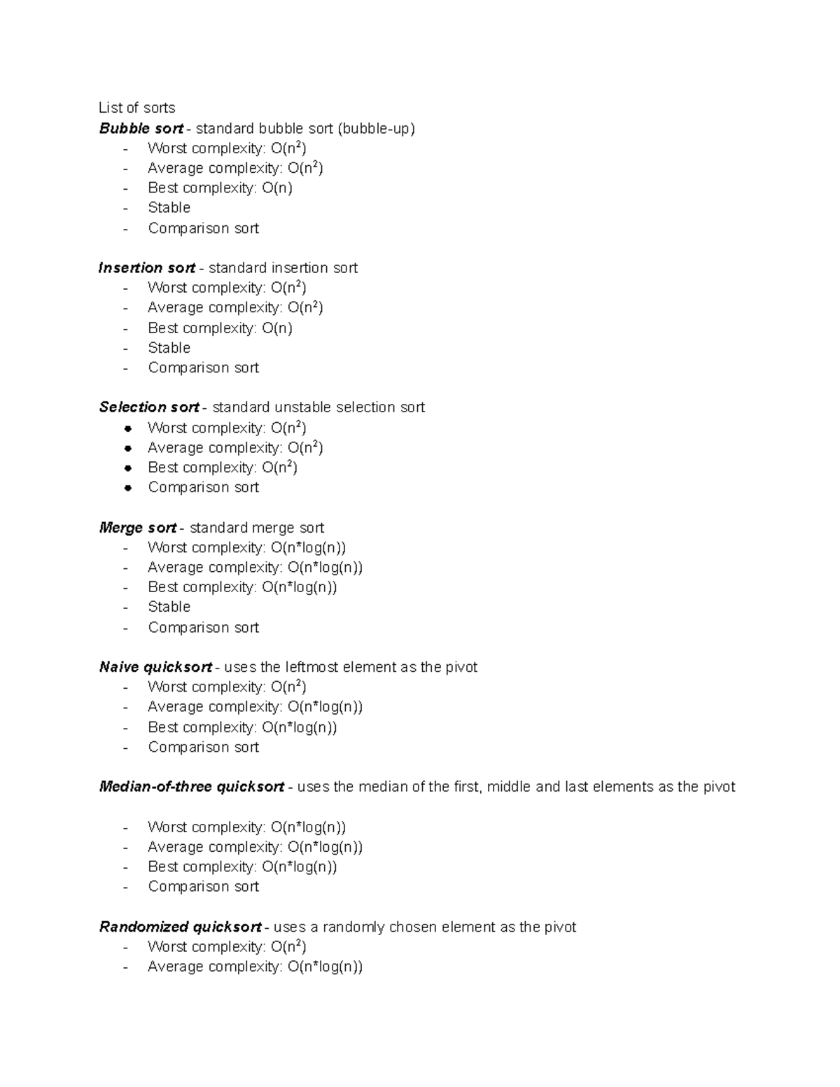 Sorting Algorithms Analysis for Lab09 2521 - Studocu