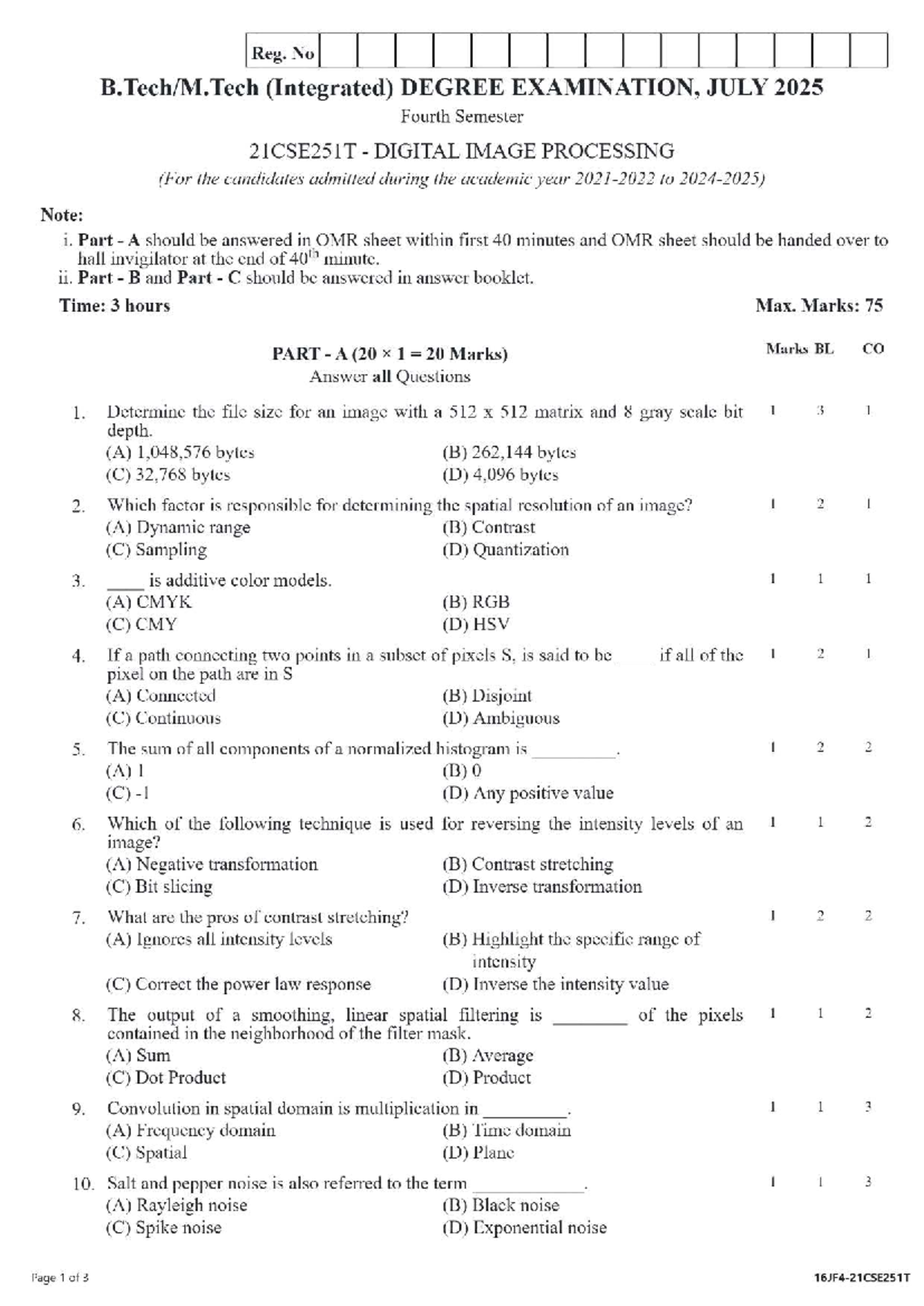 21CSE251T Digital Image Processing Final Exam Questions and Answers ...