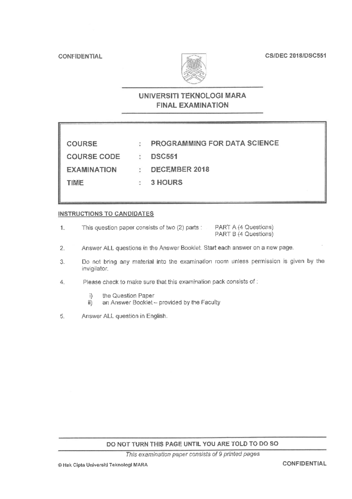 DSC551 FINAL EXAMINATION DECEMBER 2018 PAST PAPER - Studocu