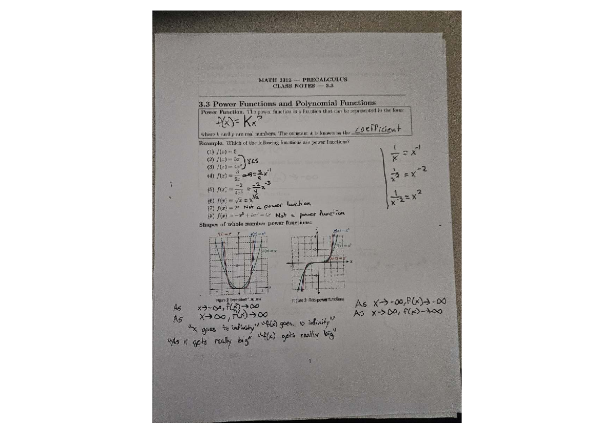 MATH 2312 PRECALCULUS CLASS NOTES 3.3: Power & Polynomial Functions ...