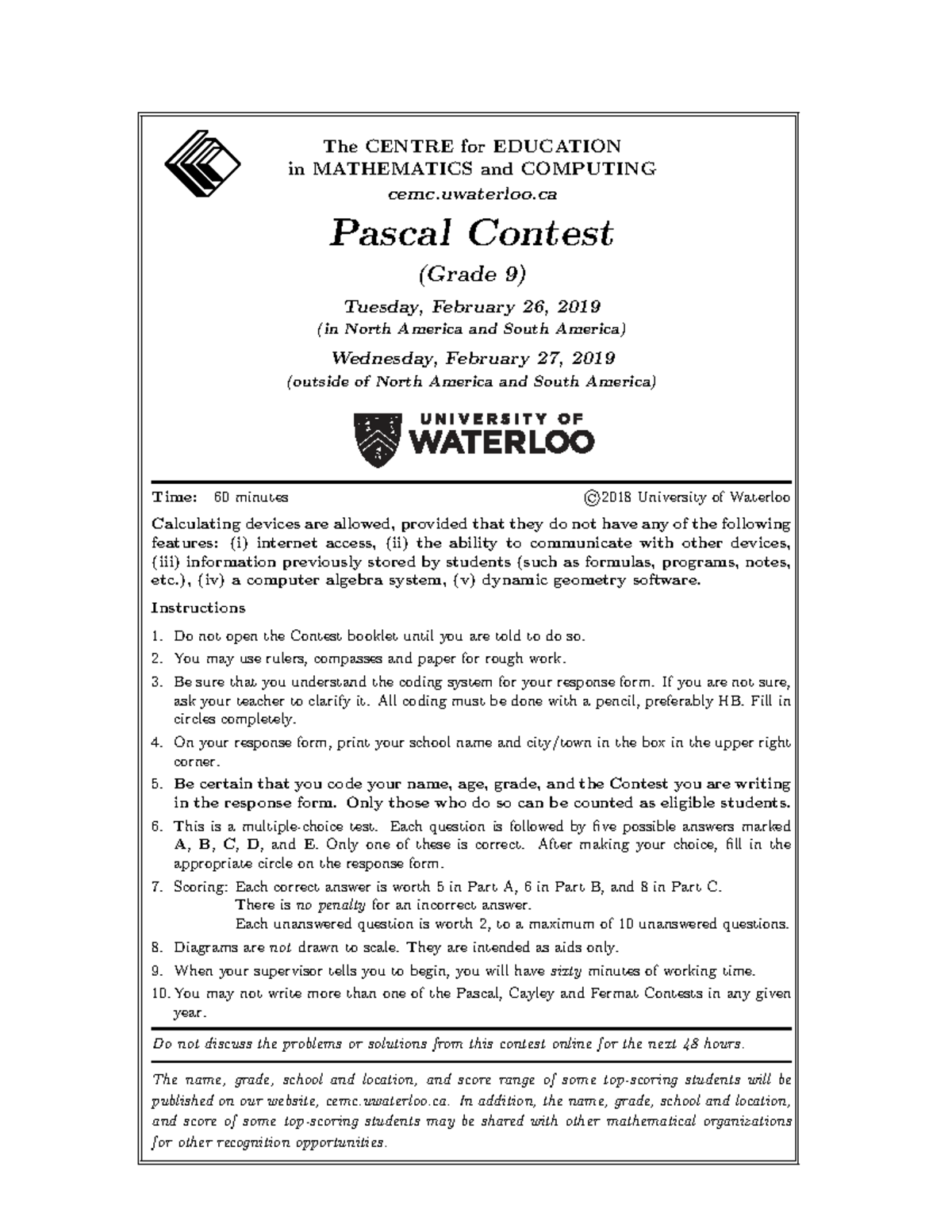 2019 Pascal Contest (Grade 9) - University of Waterloo - Studocu