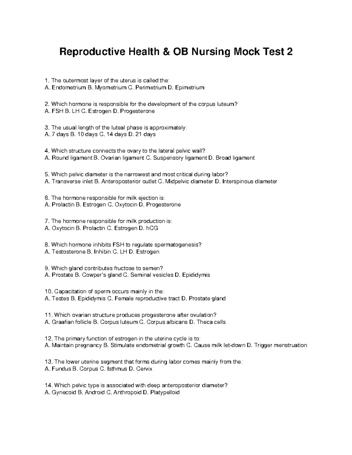 Reproductive Health OB Nursing Mock Test 2: Questions & Answers - Studocu
