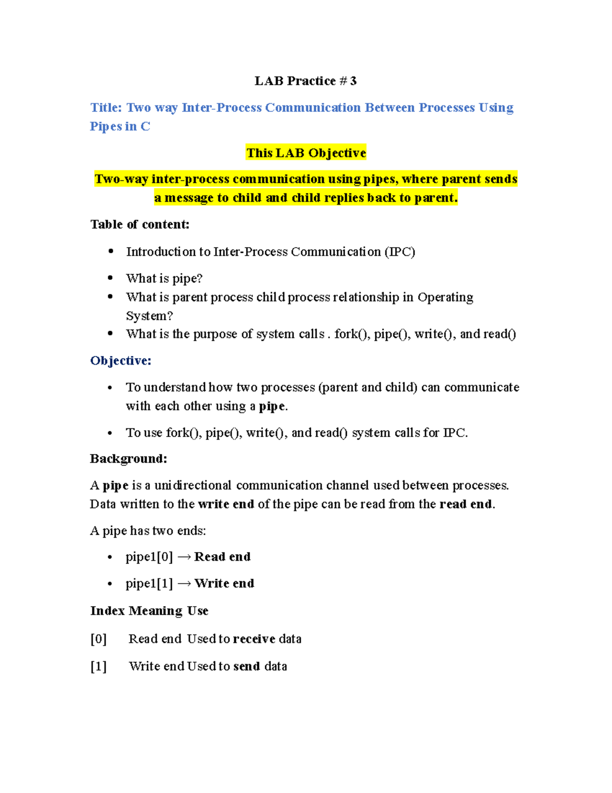 LAB Practice 3: IPC Using Pipes in C - CS604P - Studocu