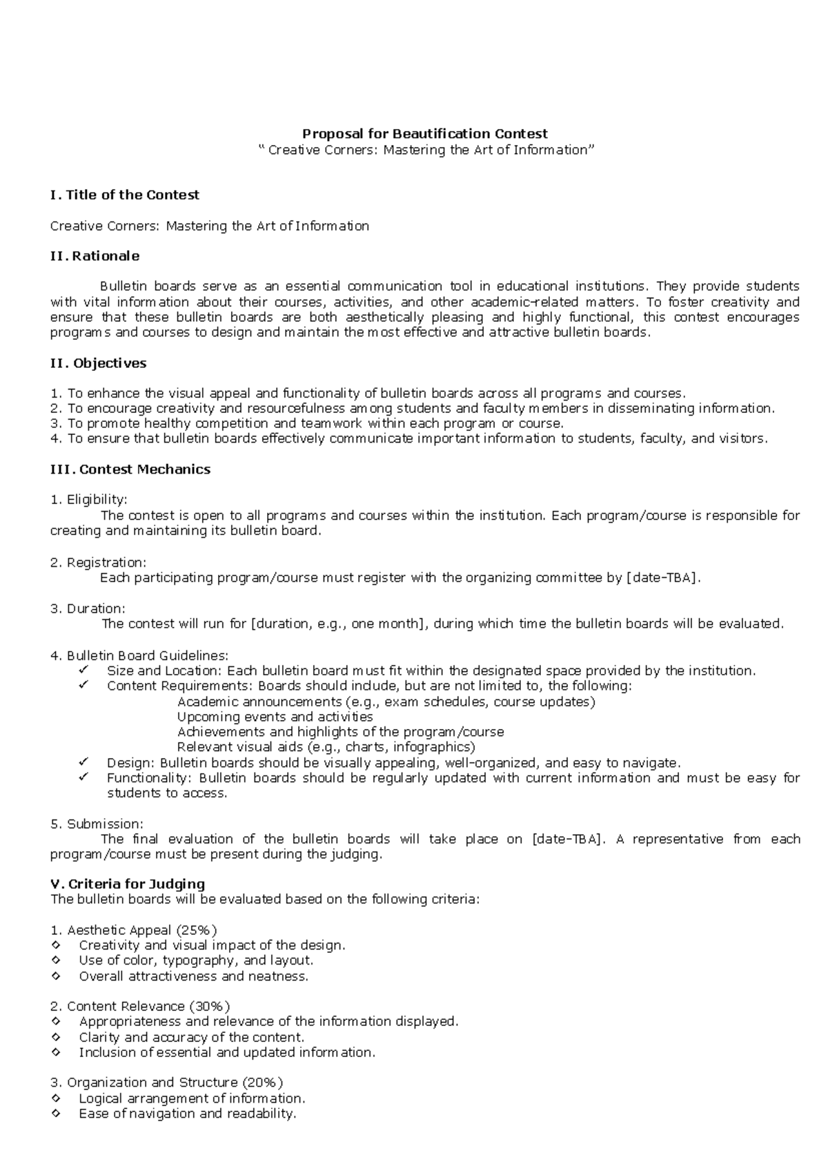 HRL Bulletin: Guidelines for the Beautification Contest Proposal - Studocu