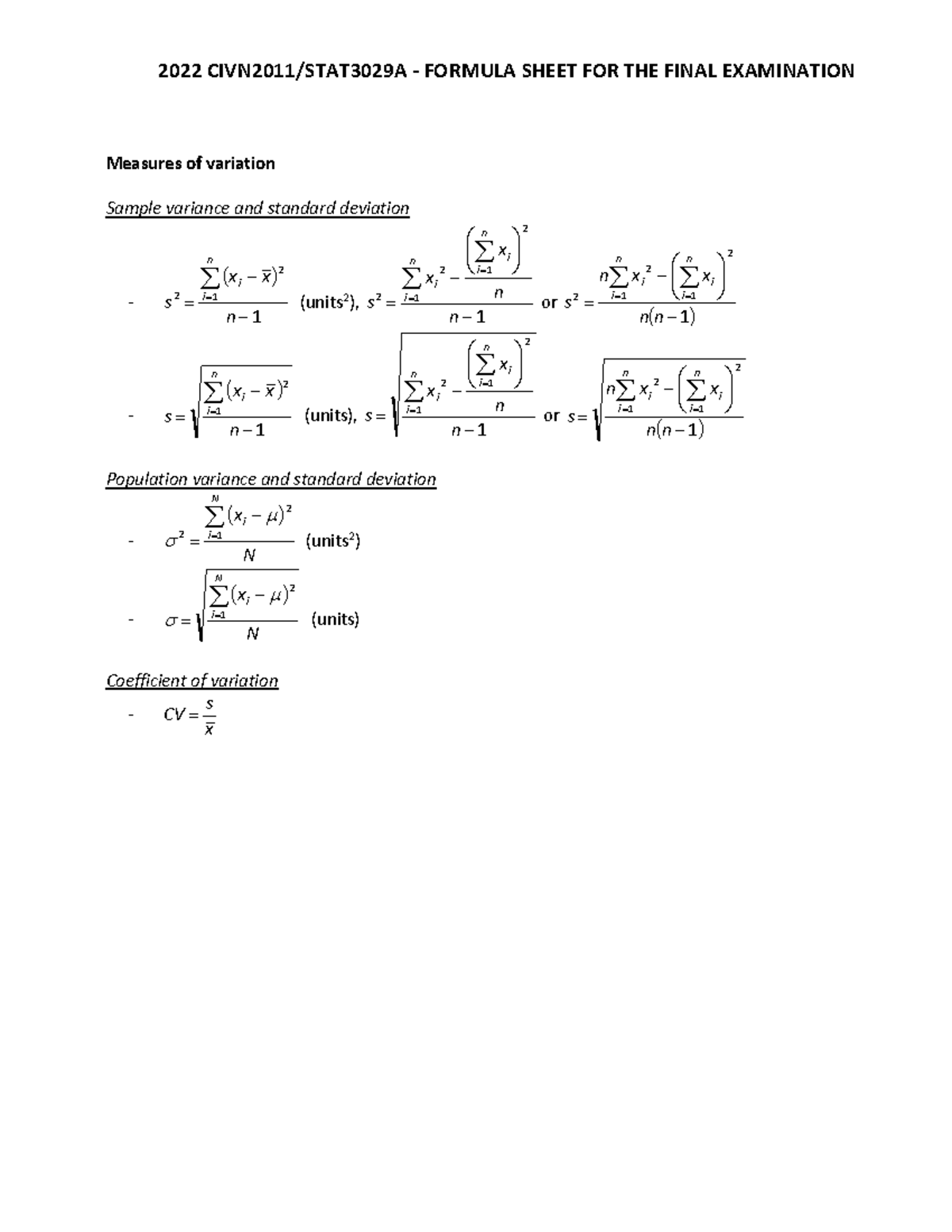 2022 CIVN2011/STAT3029A - FINAL EXAM FORMULA SHEET & TABLES - Studocu