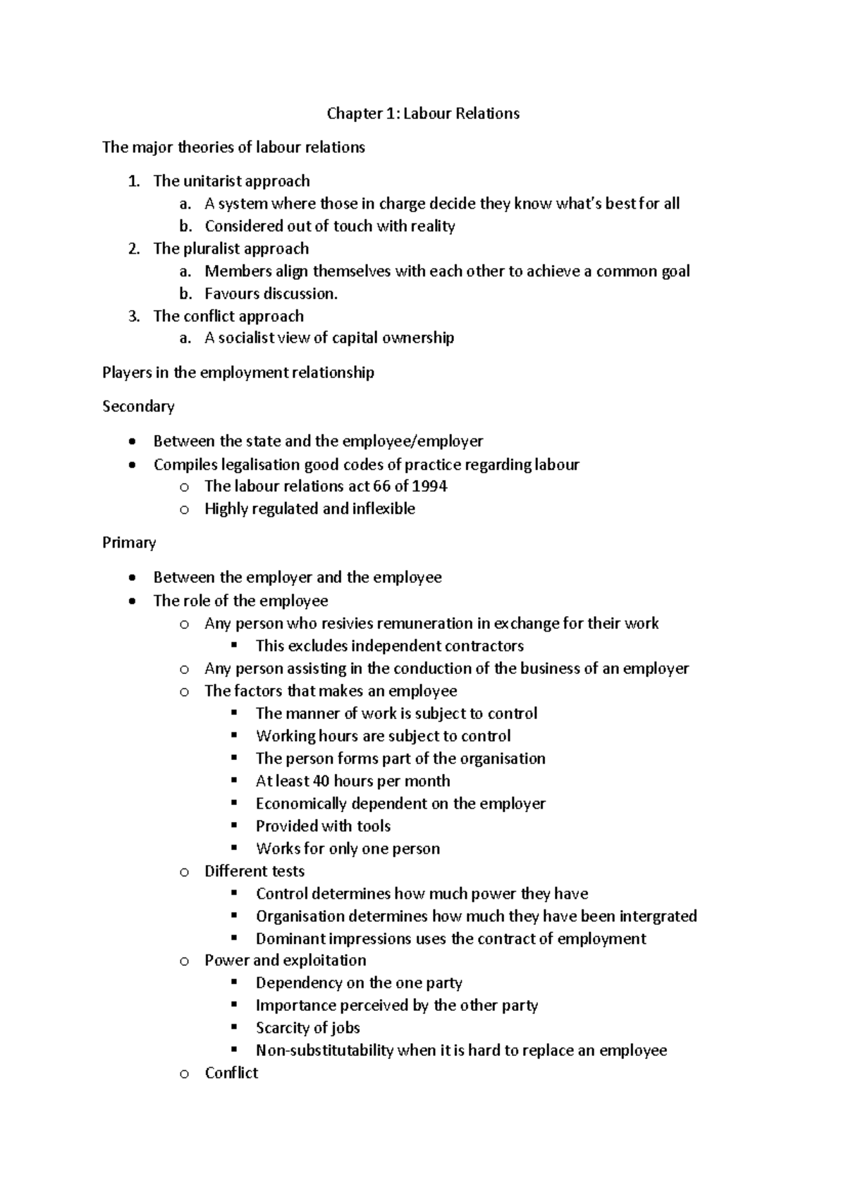 Labour Relations Summary Notes: Key Theories and Frameworks - Studocu