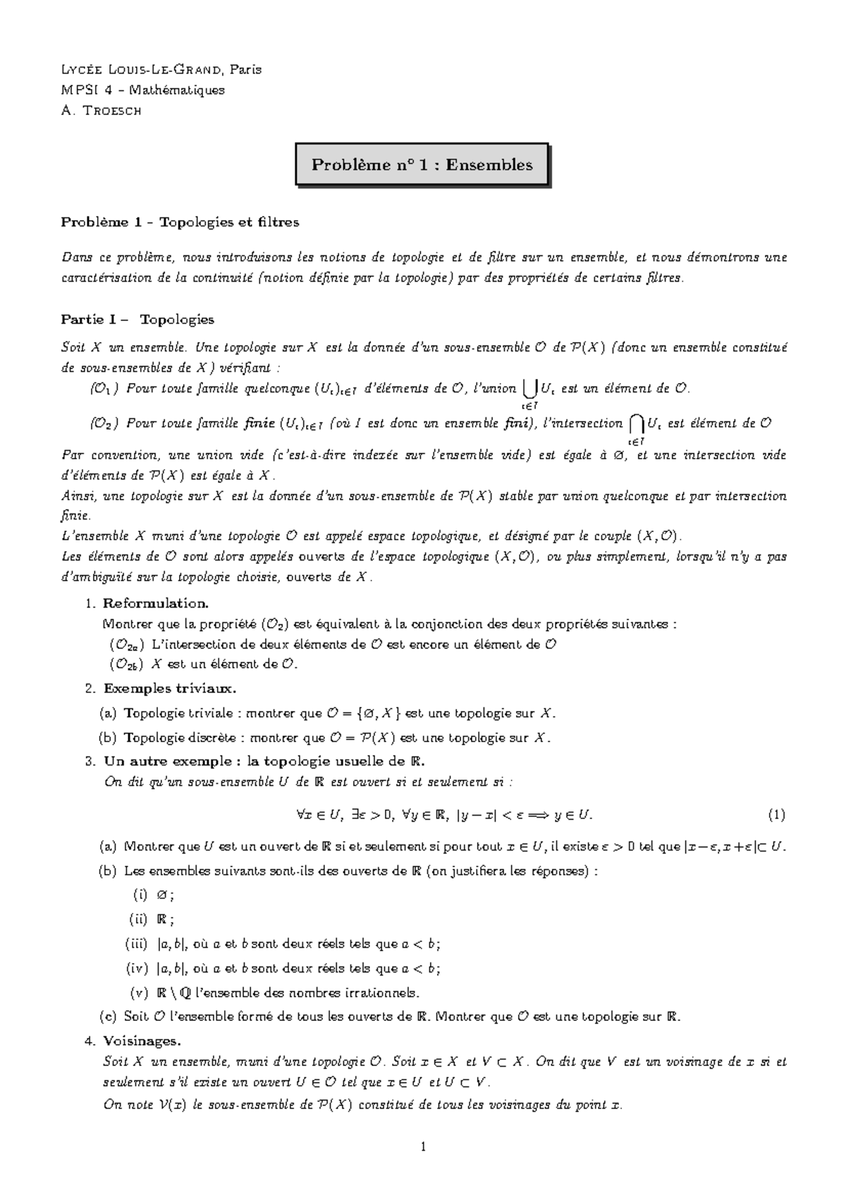Mathématiques MPSI 4 Problèmes de Topologie et Filtres - A. Troesch ...
