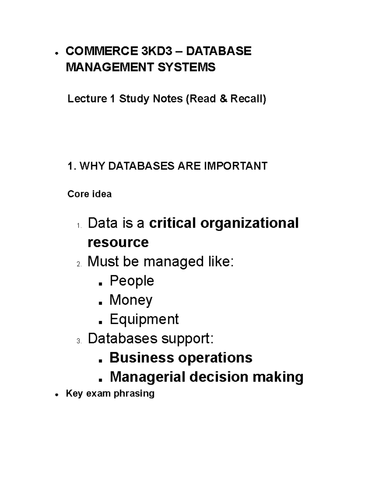 COMMERCE 3KD3 DATABASE MANAGEMENT Lecture 1 Study Notes - Studocu