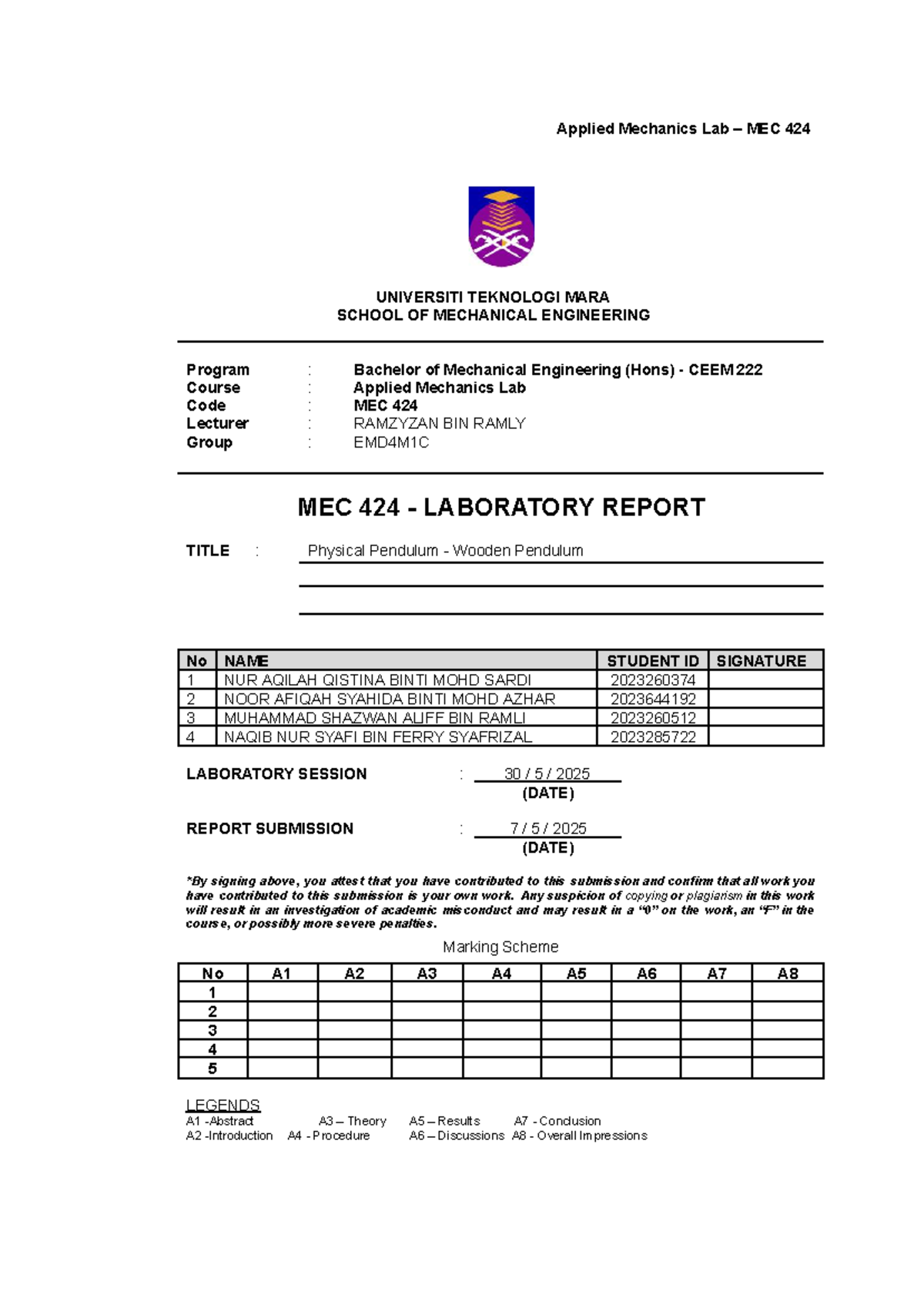 Applied Mechanics Lab Report MEC 424: Physical Pendulum Experiment ...