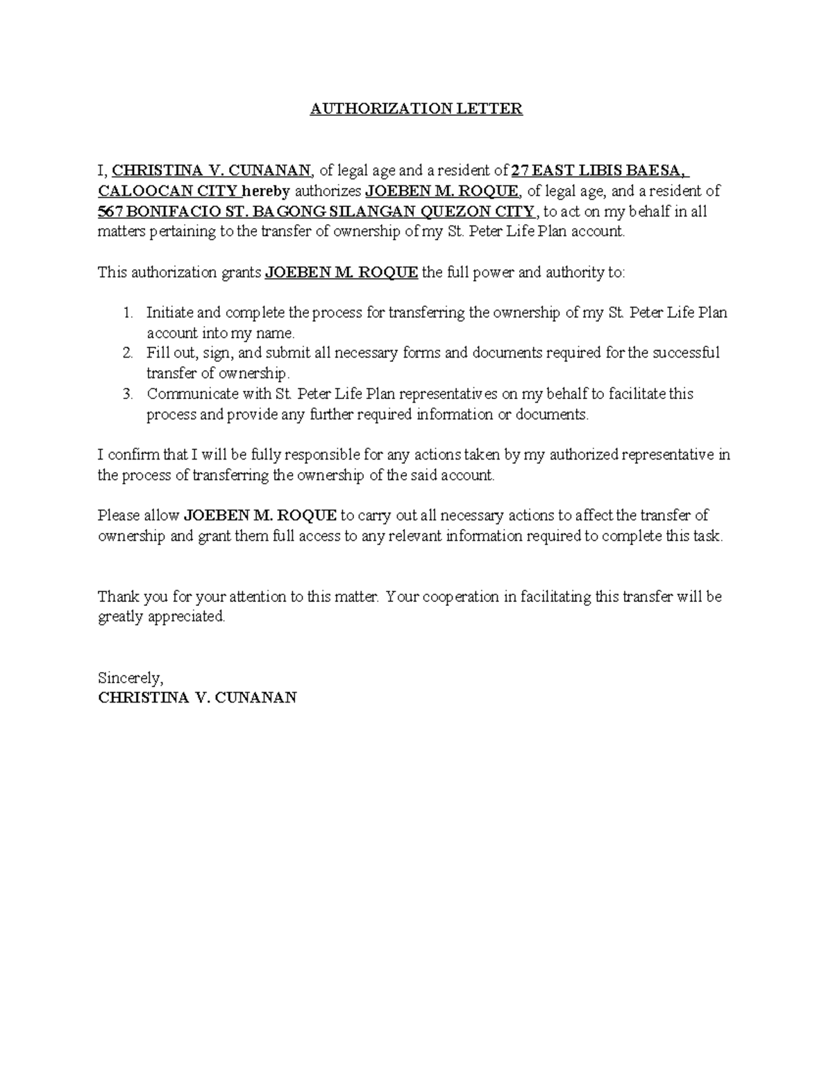 Authorization Letter for St. Peter Life Plan Transfer - Studocu