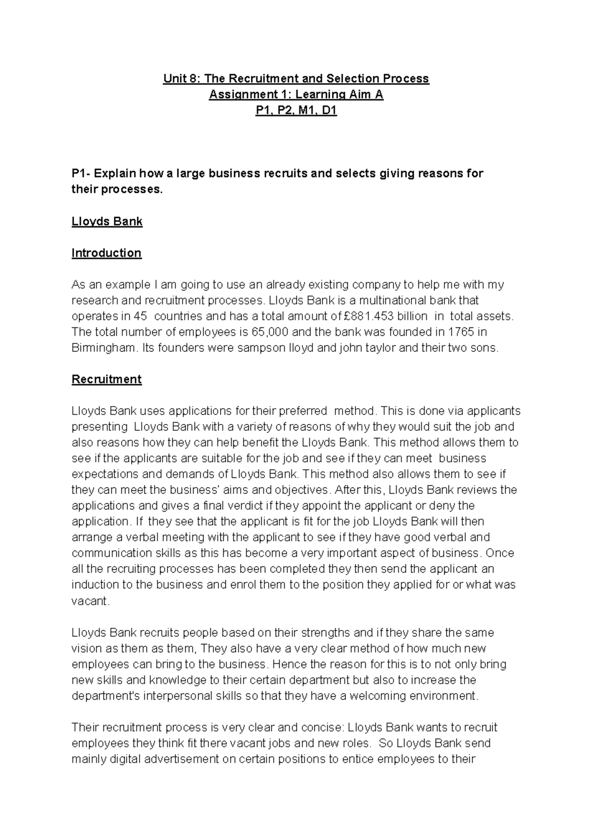 Unit 8: Recruitment and Selection Process Assignment 1 - Analysis of ...