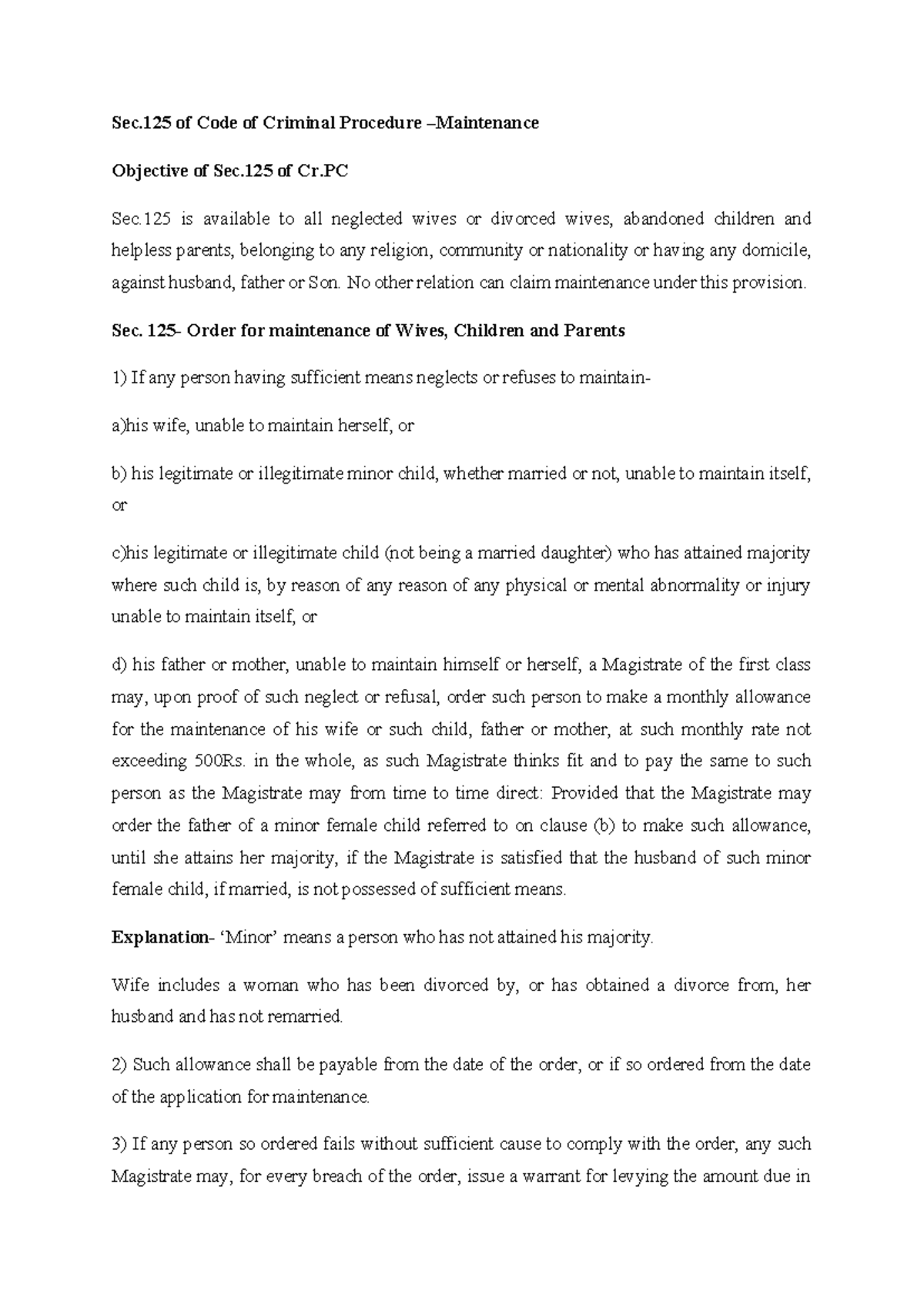 Sec. 125 Cr.PC: Maintenance Rights and Legal Provisions - Studocu