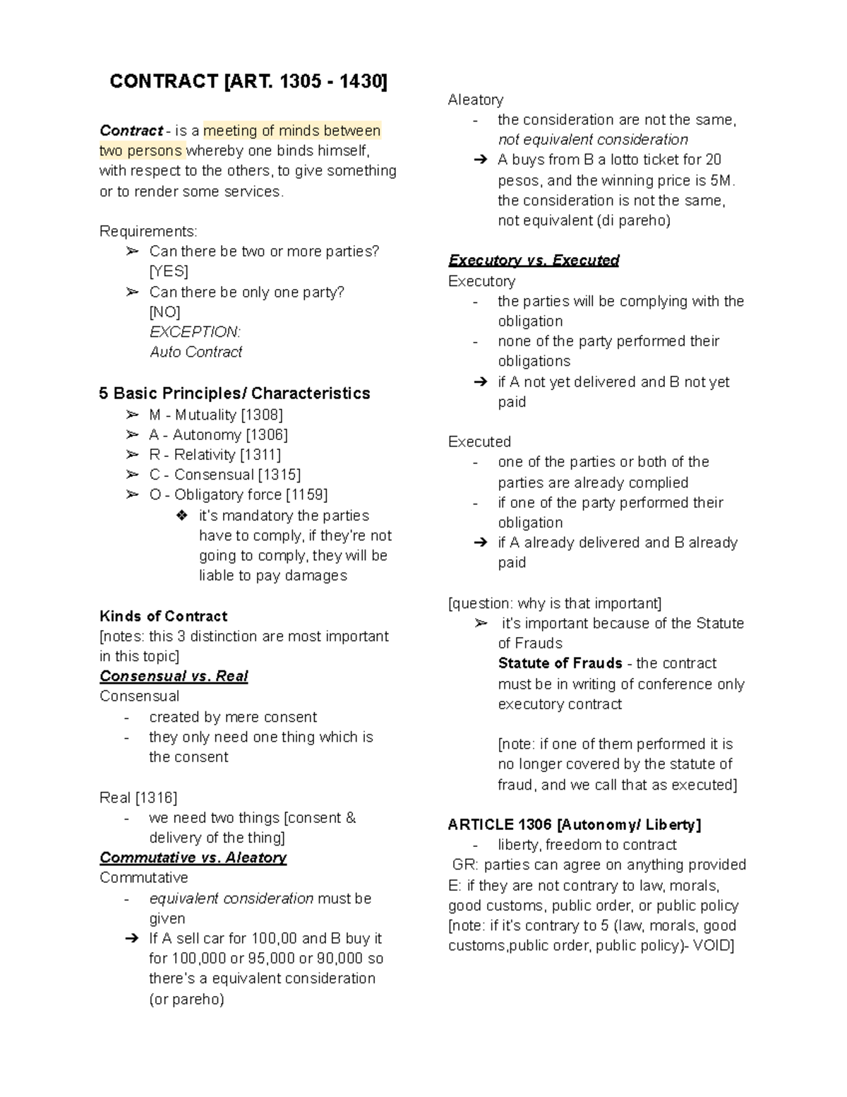 LAW 1305-1430 Notes: Key Principles and Characteristics of Contracts ...