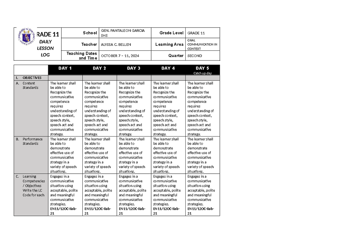 DLL OCC GRADE 11 Q2 W1 Communicative Strategies Lesson Log - Studocu