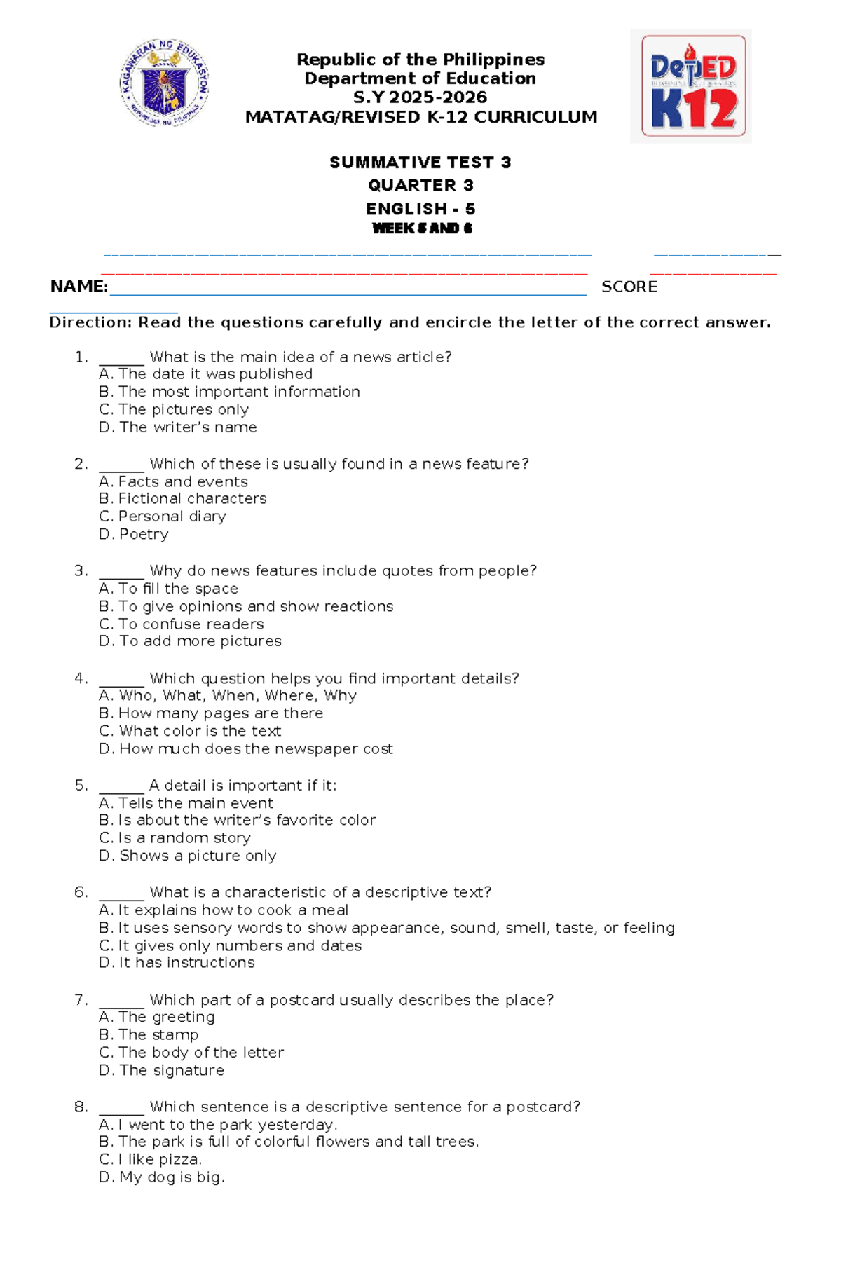 Q3 English 5 Summative Test 3 (Weeks 5-6) - Curriculum Assessment - Studocu