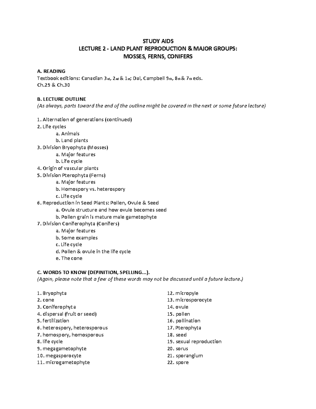 Study Aid: Plants Lecture 2 - Land Plant Reproduction W23 - Studocu