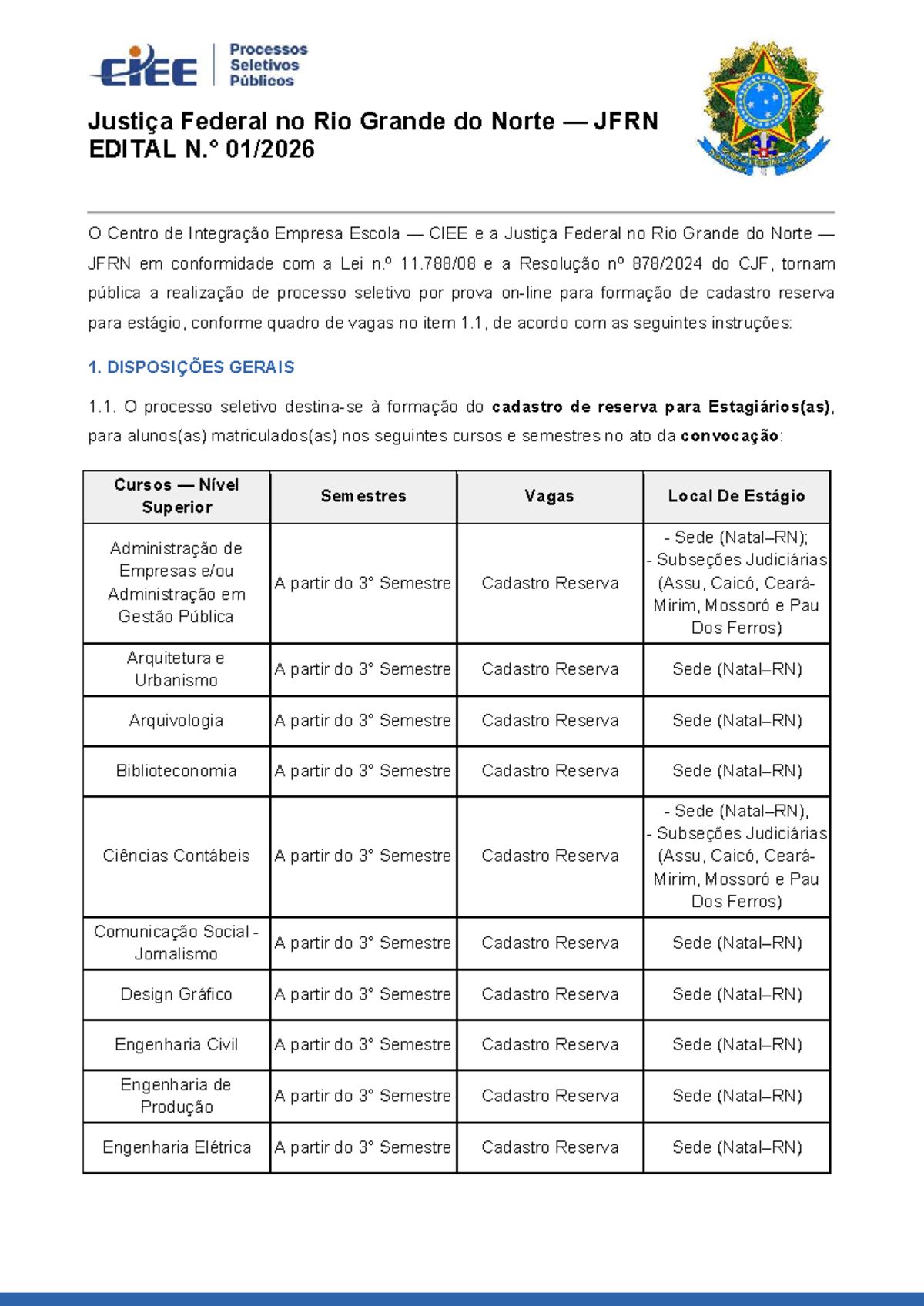 Justiça Federal no Rio Grande do Norte — JFRN Edital de Estágio 2026 ...