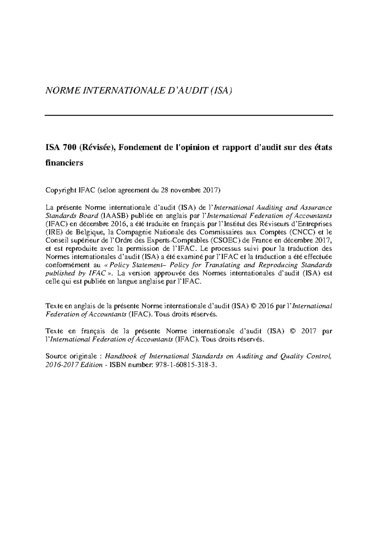 Norme Internationale d'Audit ISA 700 : Rapport d'Audit Financier - Studocu