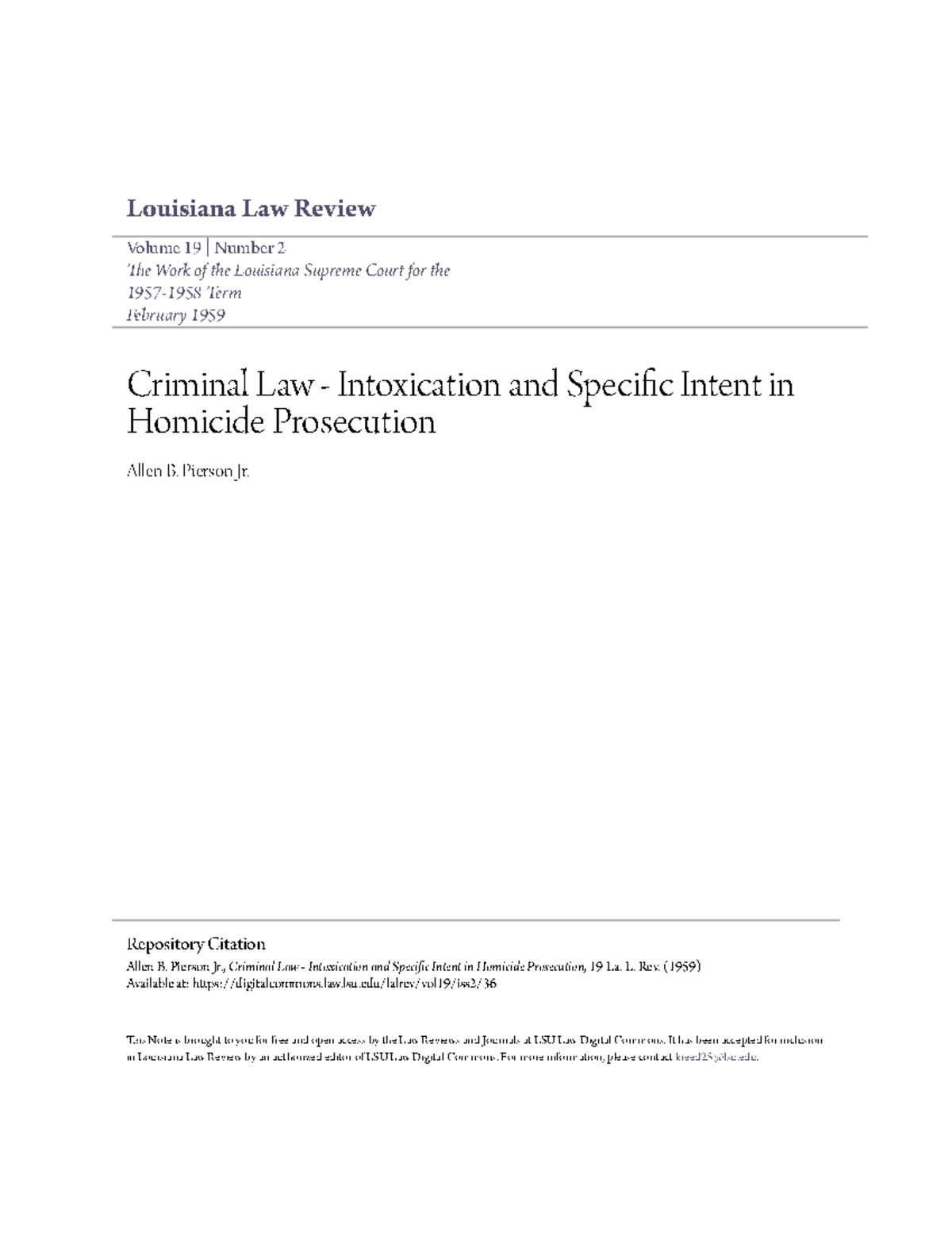 Criminal Law Intoxication and Specific Intent in Homicide Prose