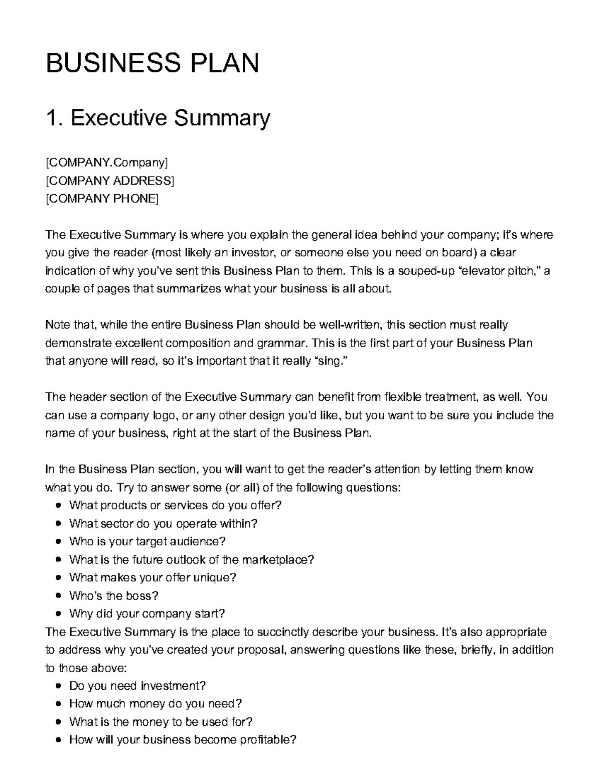 Business Plan template - BUSINESS PLAN 1. Executive Summary [COMPANY ...