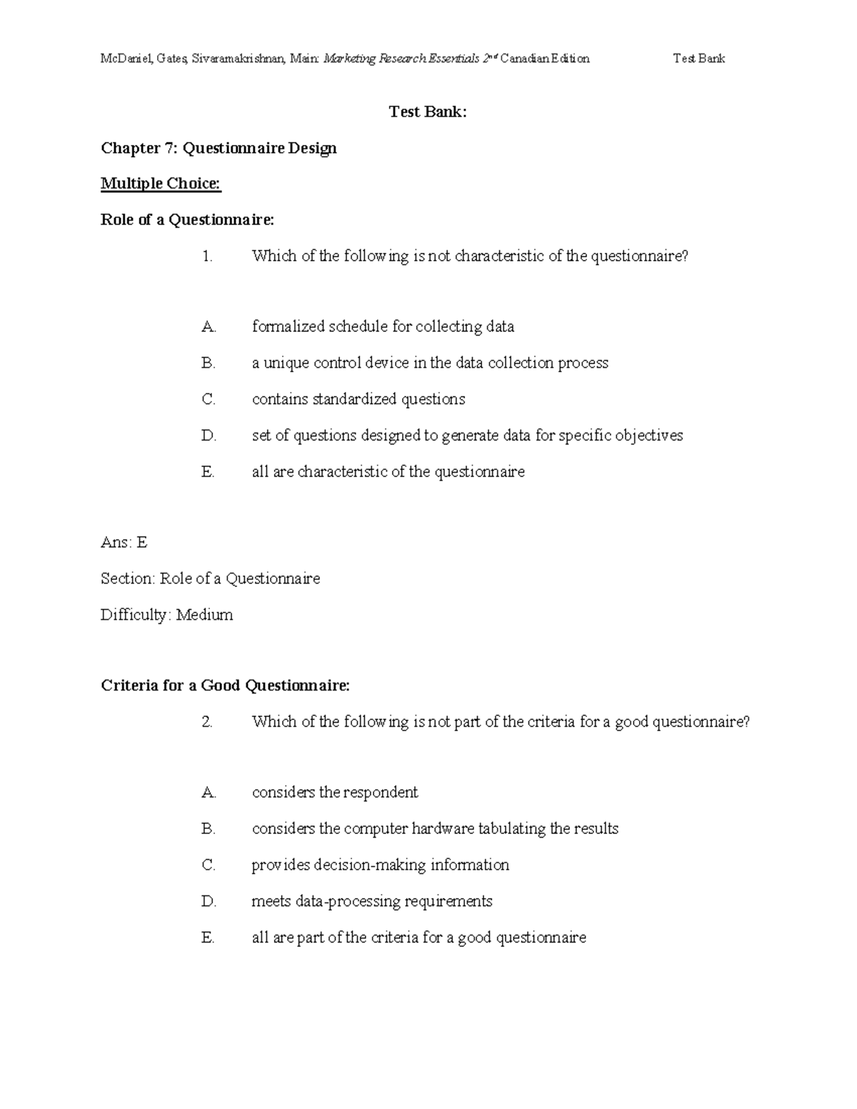 Chapter 7 - Questionnaire Design Quiz Review for Course Code: QD101 ...