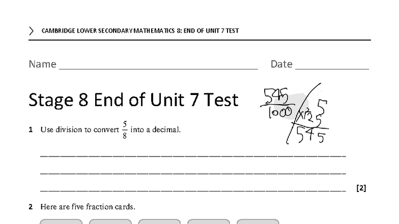 CAMBRIDGE LOWER SECONDARY MATHEMATICS 8: END OF UNIT 7 TEST - Studocu