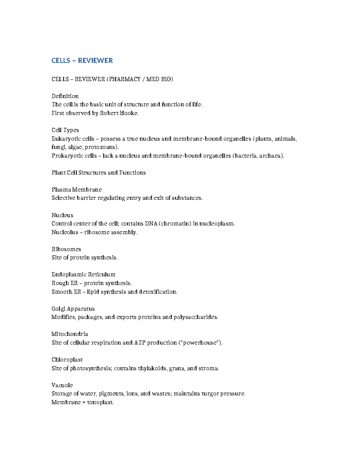 Cells Reviewer (PHARMACY MED BIO): Key Concepts & Quiz - Studocu