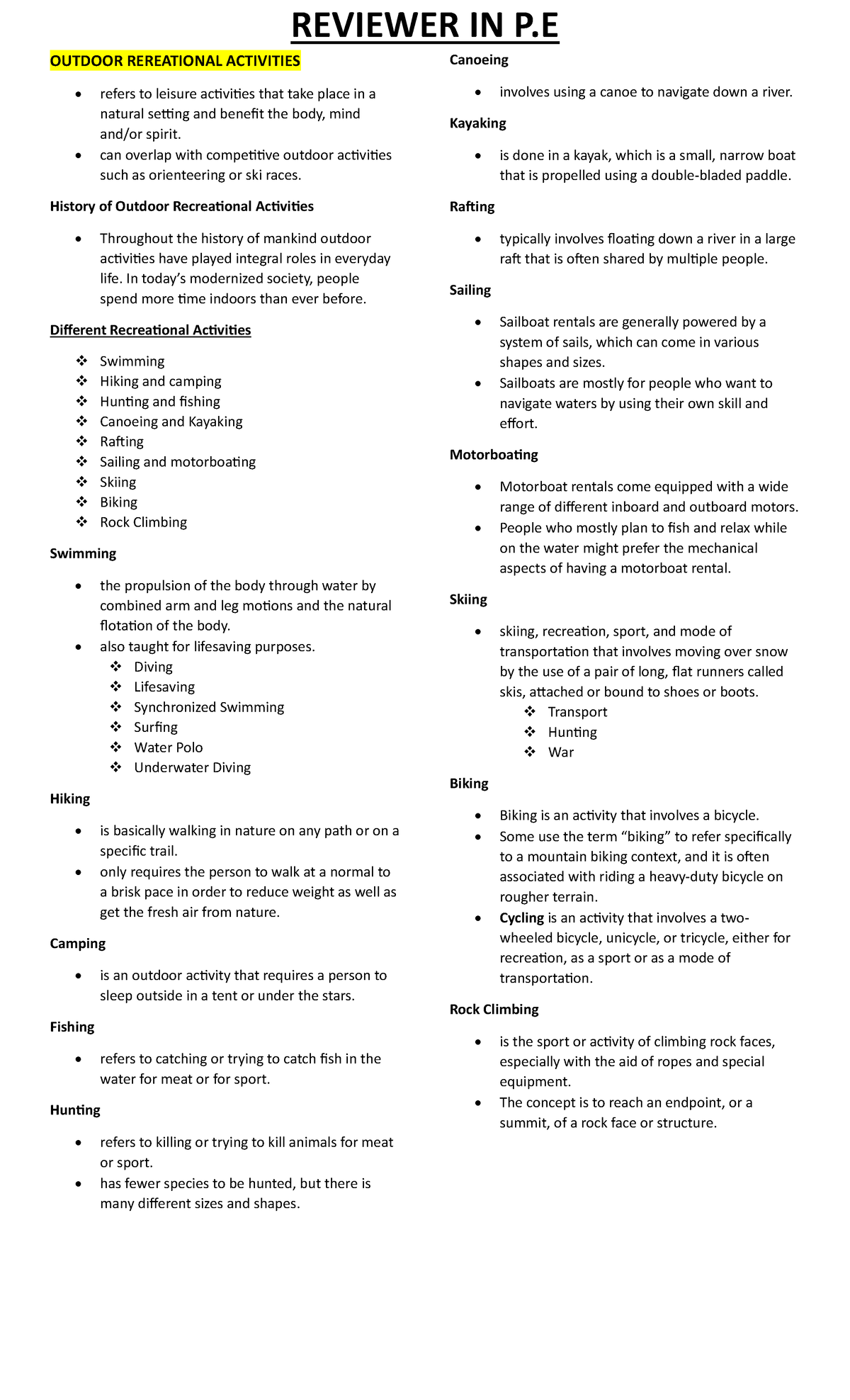 REVIEWER IN P.E. OUTDOOR RECREATIONAL ACTIVITIES - Studocu