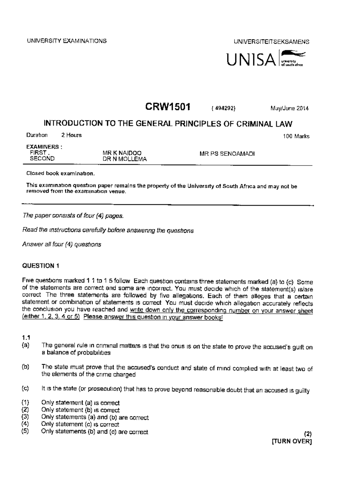 Crw1501 2014 Criminal Law General Principles Crw2601 Studocu