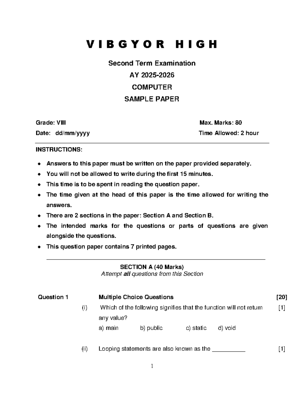 Sample Paper: VIBGYOR HIGH Grade 9 Computer Exam AY T2 - Studocu
