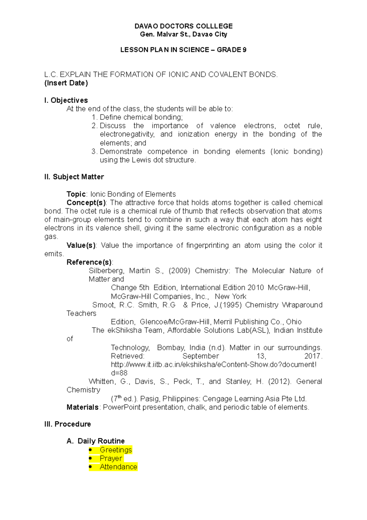 4As - Grade 9 Science Lesson Plan on Ionic and Covalent Bonds - Studocu