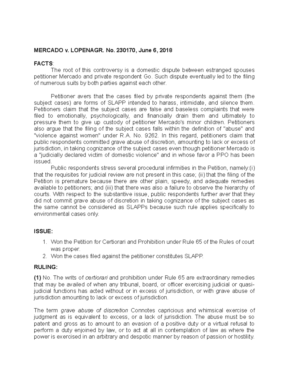 Natres Case Digest: Mercado v. Lopenagr – SLAPP and Judicial Review ...