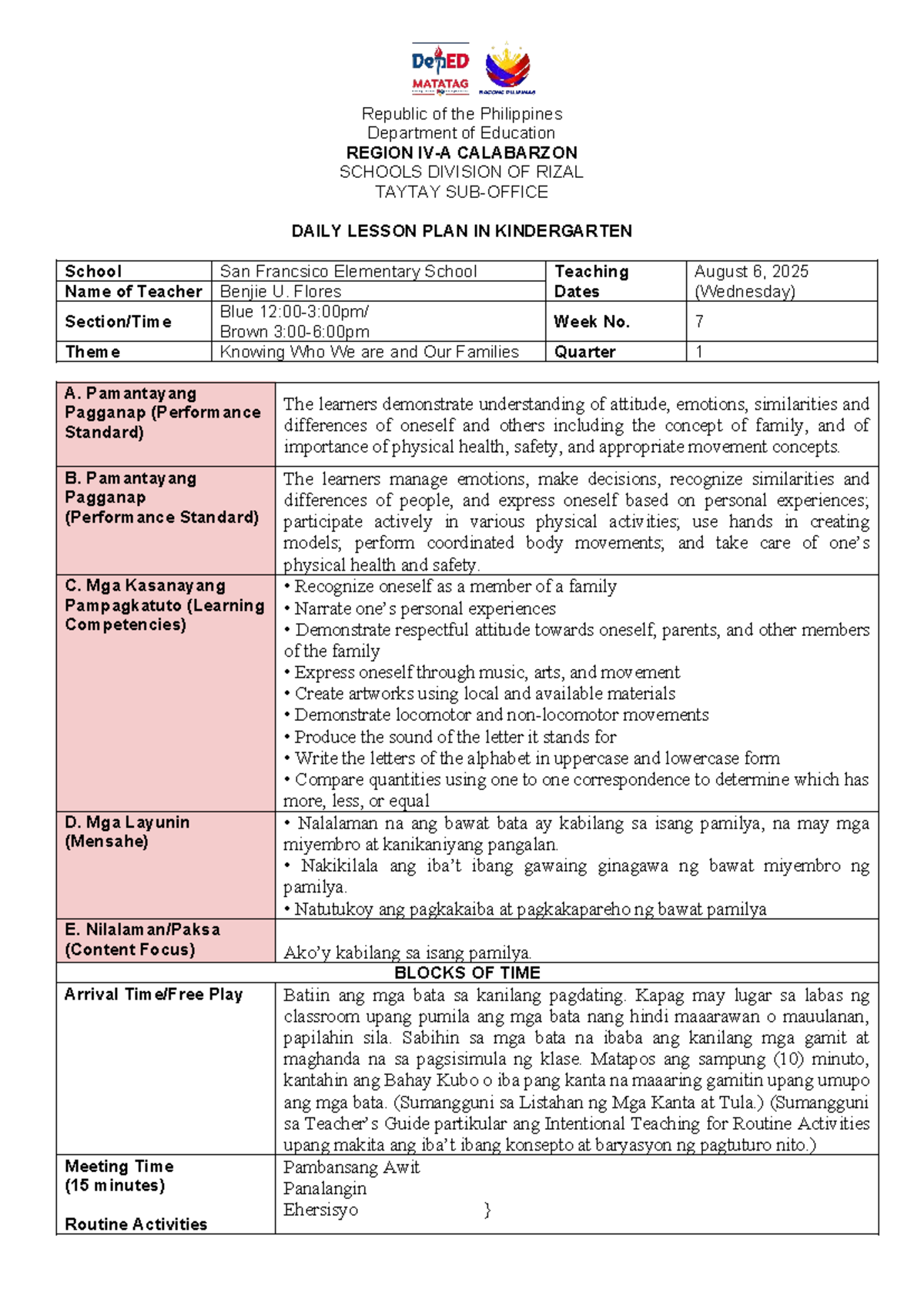 DLP Q1 W7 D3: Daily Lesson Plan for Kindergarten on Family Themes - Studocu