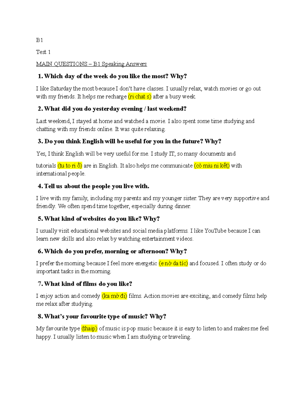 B1 Speaking Test 1: Main Questions and Answers - Studocu